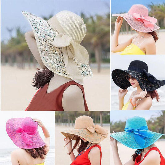 Summer Large Brim Straw Hat - Colorful Floppy Wide Brim Sun Cap - Bowknot Beach Foldable Hats (3U44)