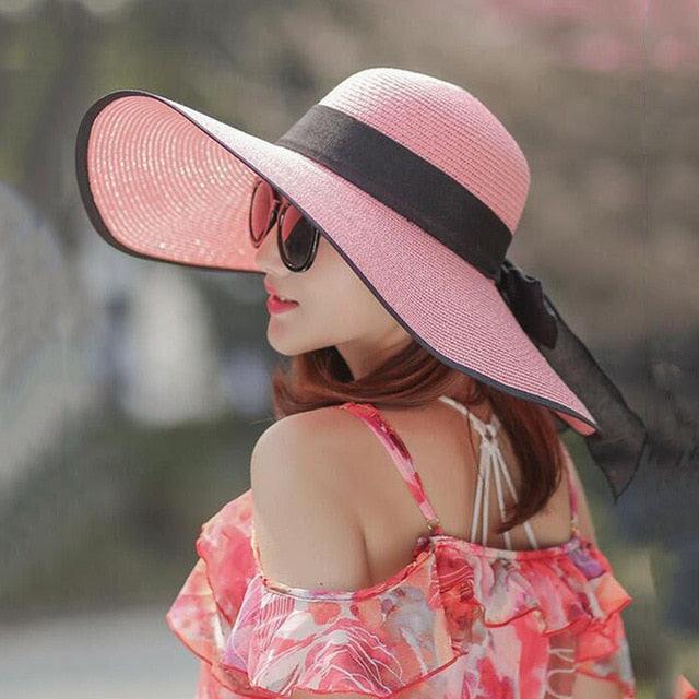 Great Summer Large Brim Straw Hat - Wide Brim Sun Bowknot Beach Foldable Hats (3U44)