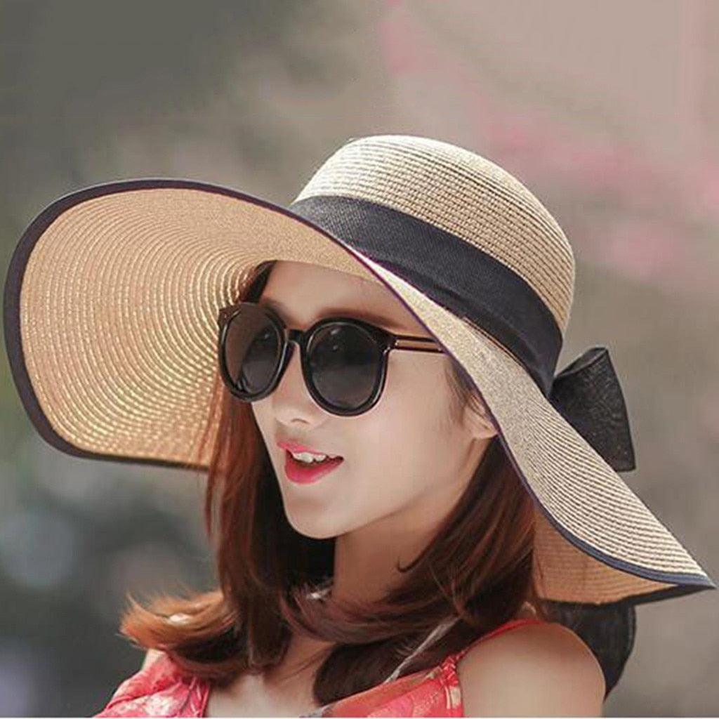 Great Summer Large Brim Straw Hat - Wide Brim Sun Bowknot Beach Foldable Hats (3U44)