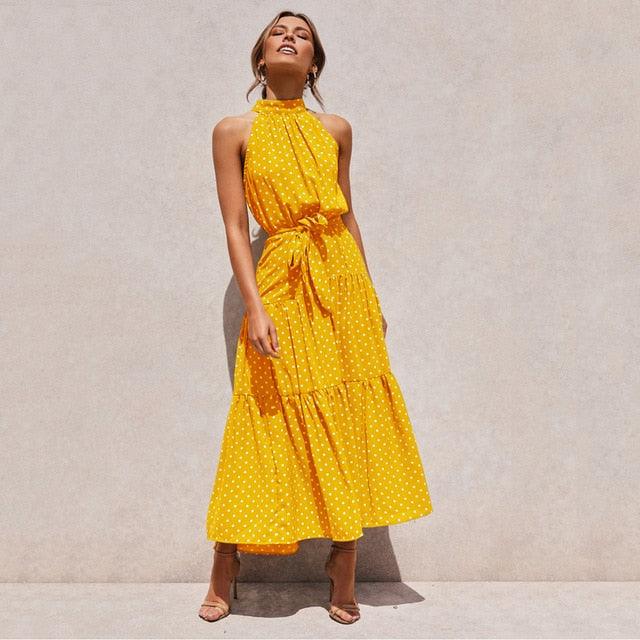 Summer Long Dress Polka Dot Casual Midi Dresses - Black Halter Strapless - New Yellow Sundress Vacation Clothes (BWD)(WS06)