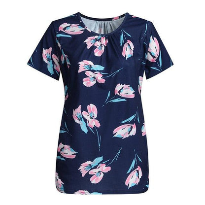 Summer New Maternal Blouse - Flower Color Round Neck Short Sleeve - Breastfeeding Month Casual Feeding Clothes (Z1)