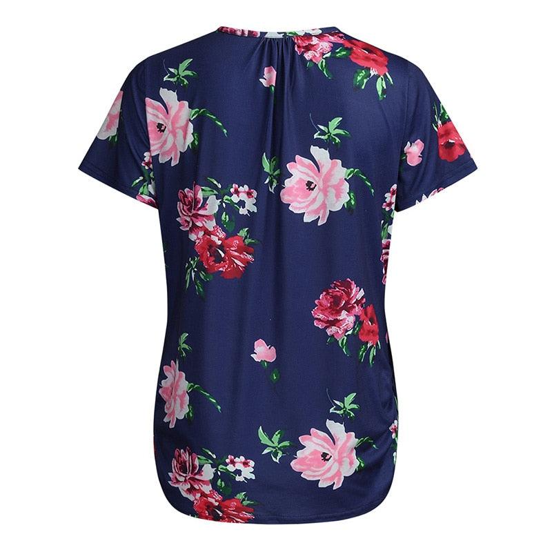 Summer New Maternal Blouse - Flower Color Round Neck Short Sleeve - Breastfeeding Month Casual Feeding Clothes (Z1)