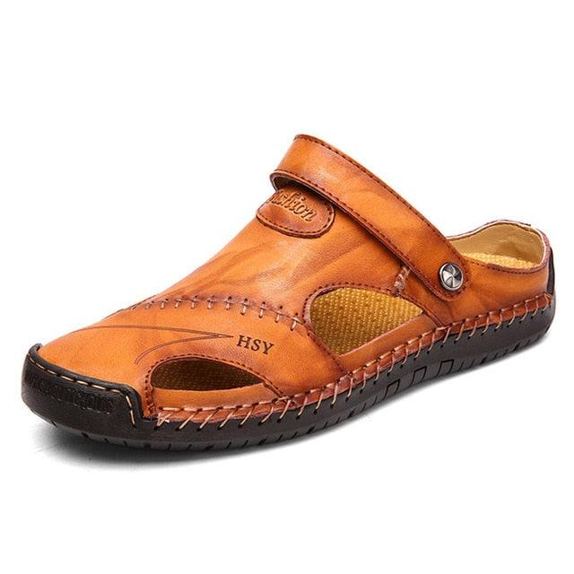 Summer Sandals - Men Leather Classic Roman Sandals - Outdoor Beach Flip Flops (MSC6)(F12)