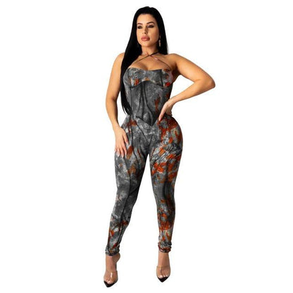 Summer Sexy Club Party Jumpsuits - Women's Strapless Print Halter Backless Rompers - One Piece Outfits (1U33)