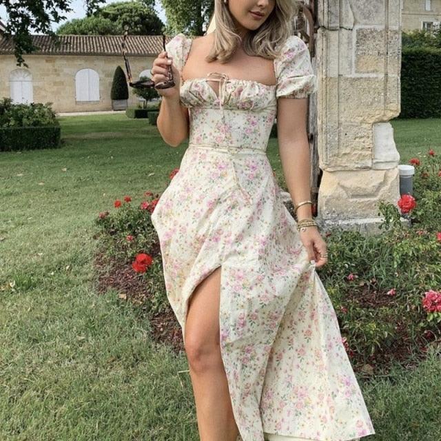 Nice Women's Floral Summer Dress - Pull Sleeve Vintage Long Dress - Sexy Backless Split Party Holiday Clothes (WS06)(F18)