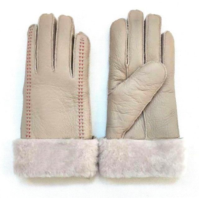 Super Warm Women's Genuine Leather Sheepskin Gloves - Winter Female Outdoor Fur Gloves (6WH1)