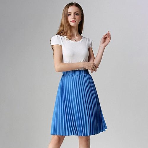 Summer Pleated Women Skirt - Midi Knee Length - Solid 2 Layers High Waist A-line Skirt (TB7)(F22)