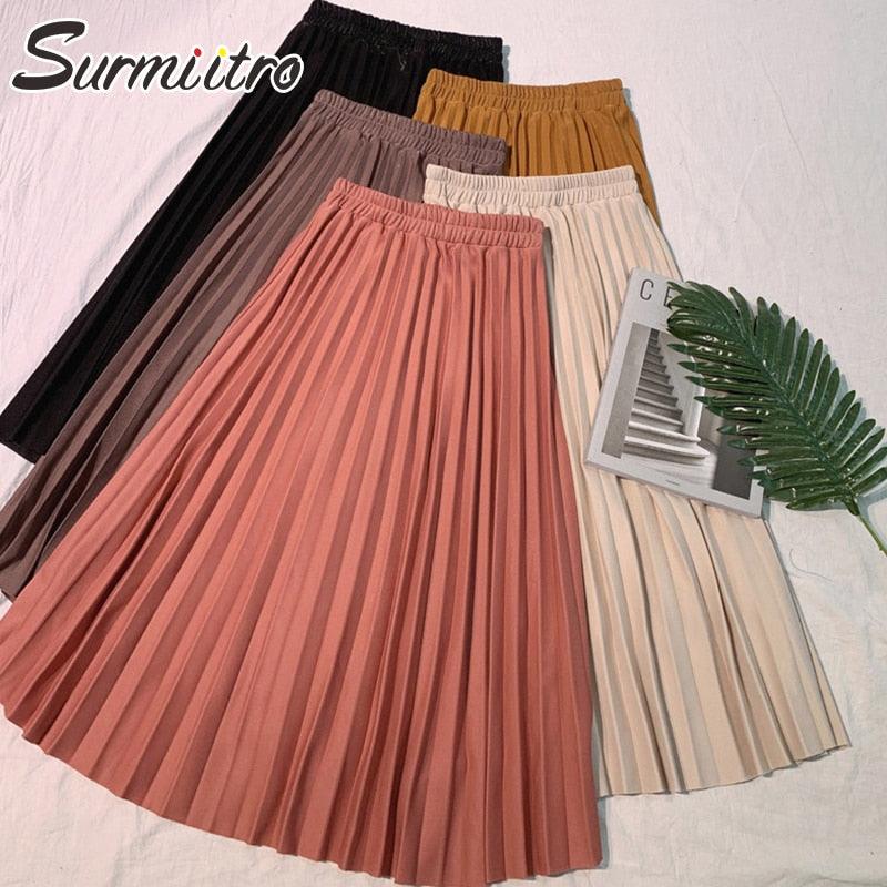 Elegant Solid Midi Pleated Skirt - Women Autumn Winter Ladies Skirt - High Waist Long Skirt (TB7)(F22)