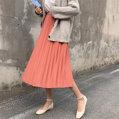 Elegant Solid Midi Pleated Skirt - Women Autumn Winter Ladies Skirt - High Waist Long Skirt (TB7)(F22)