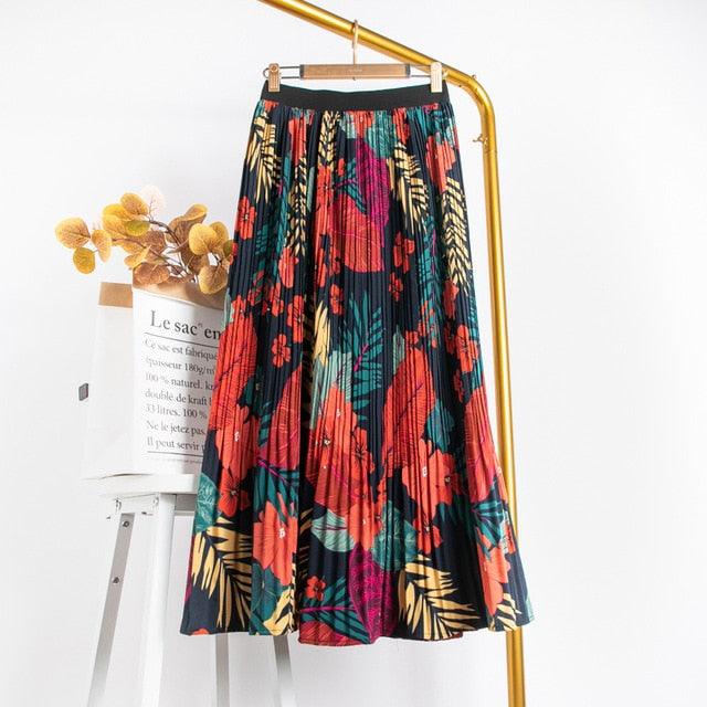 Floral Print Women Maxi Skirt - High Waist Long Pleated Skirt (D23)(TB7)