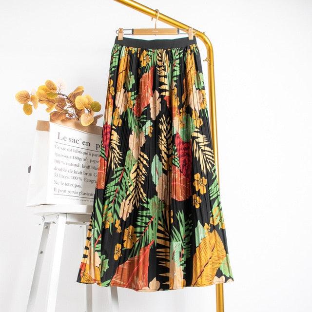 Floral Print Women Maxi Skirt - High Waist Long Pleated Skirt (D23)(TB7)