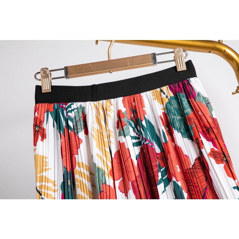 Floral Print Women Maxi Skirt - High Waist Long Pleated Skirt (D23)(TB7)