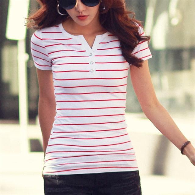 Trending Women T Shirt - Summer Top Shirts - V-neck Short Sleeve Casual T Shirts - White Strip Top - Plus Size Cotton Shirt (TB2)(F19)