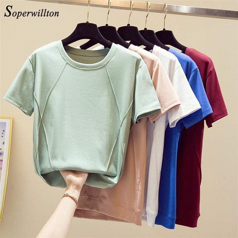 Nice Female Soft Cotton Casual Women Tops Shirts - Summer T-Shirt - Elastic Short Sleeve Ladies T Shirt (TB2)