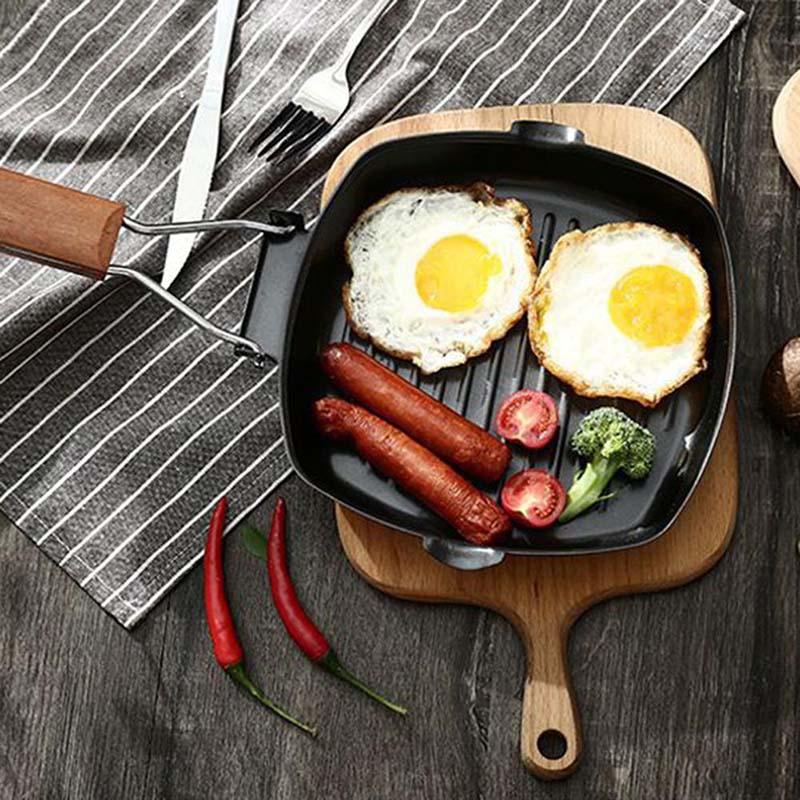 Non-stick Frying Pan - For Eggs Ham Wooden Handle Folding Square Grill Pan (AK1)