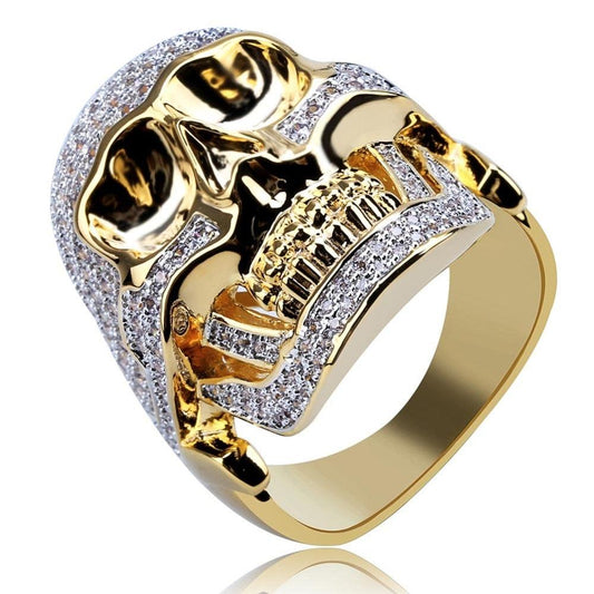 Great Hip Hop Fashion Bling Ring Copper Gold Color Bicolor Iced Out Micro Pave AAA CZ Skeleton Head Ring (MJ1)(F83)