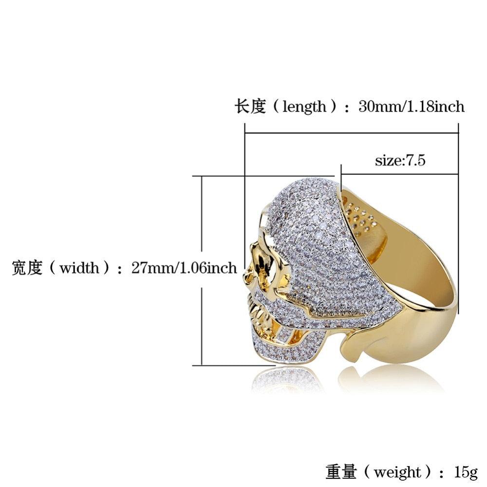 Great Hip Hop Fashion Bling Ring Copper Gold Color Bicolor Iced Out Micro Pave AAA CZ Skeleton Head Ring (MJ1)(F83)