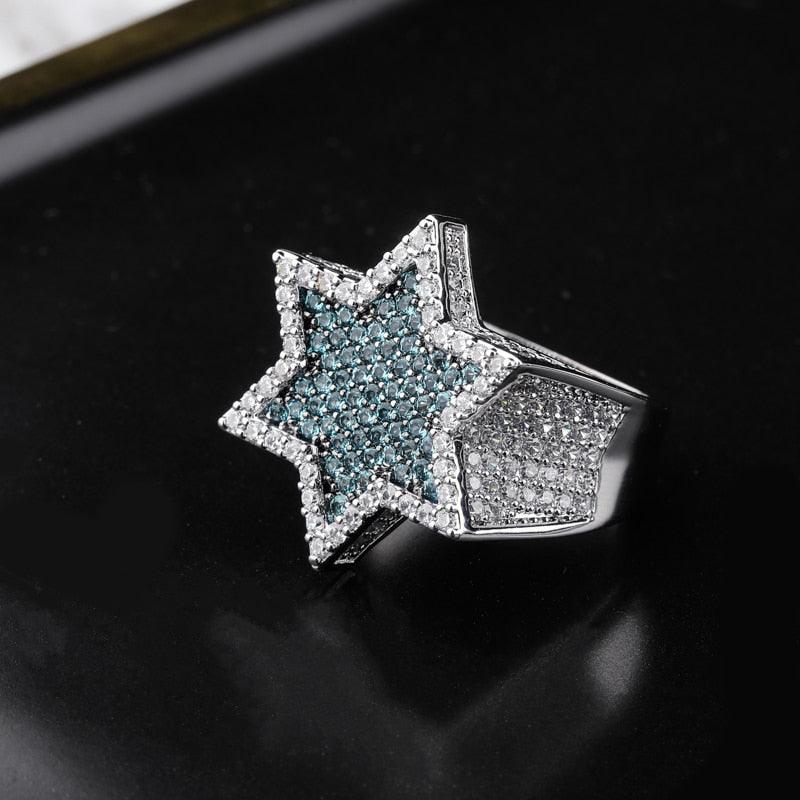 New Hexagon Star Silver Color Blue Iced Out Cubic Zircon Rings (MJ1)