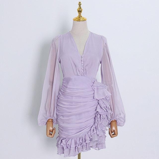Elegant Women's Dress - V Neck Lantern Long Sleeve High Waist Ruffles Dresses (BWD)