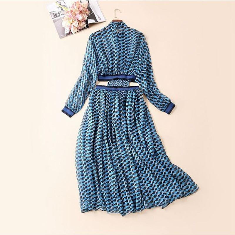 Great Summer Print Women's Dress - Stand Collar - Long Sleeve High Waist Hollow Out Midi Dresses (BWD)(WS06)(F30)