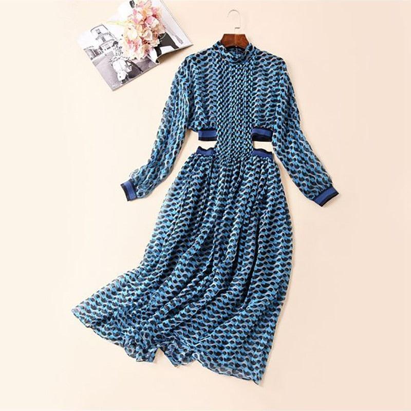 Great Summer Print Women's Dress - Stand Collar - Long Sleeve High Waist Hollow Out Midi Dresses (BWD)(WS06)(F30)