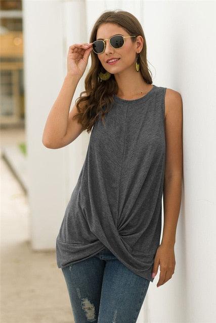 Women Sleeveless Top - Summer Solid Tees - Elegant Tie Tank Tops- Casual O-neck Female T-shirt (3U19)