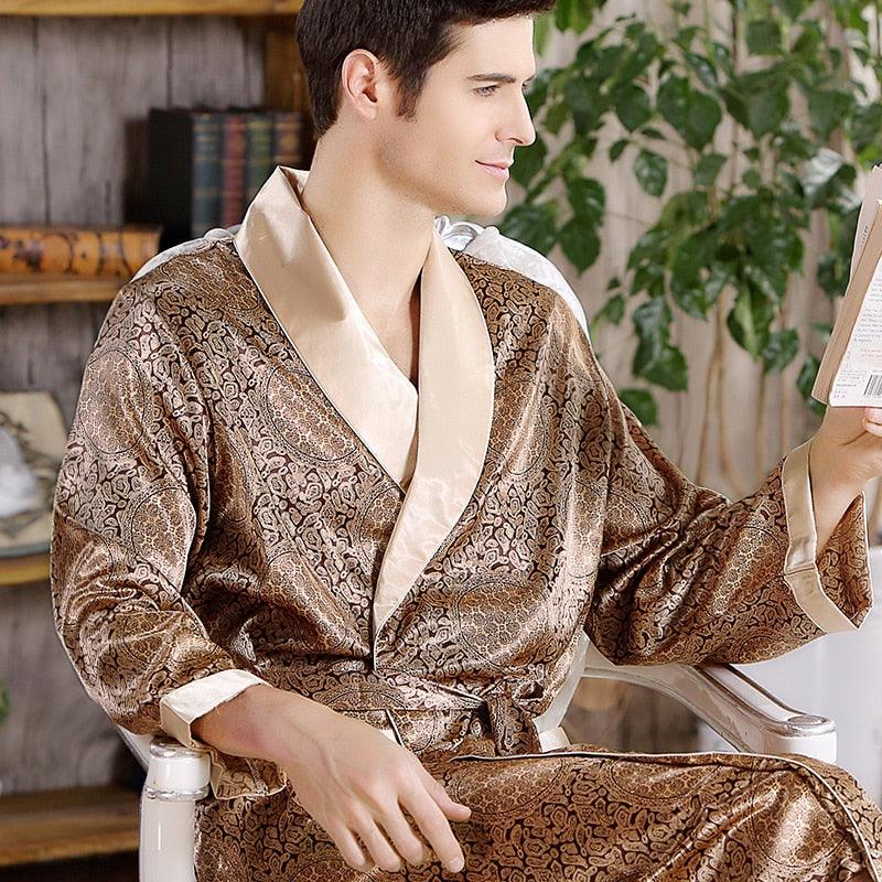 Men's Satin Silk Robe - Turn Down Collar Pattern Print Superior Bathrobe Pajamas (TG7)(F9)
