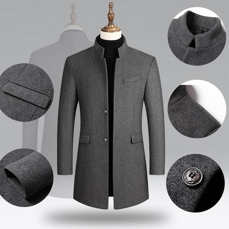 Winter 30% Wool Men Thick Coats - Slim Fit Stand Collar Buttons Fashion Outerwear Jackets (TM4)(TM3)(F100)