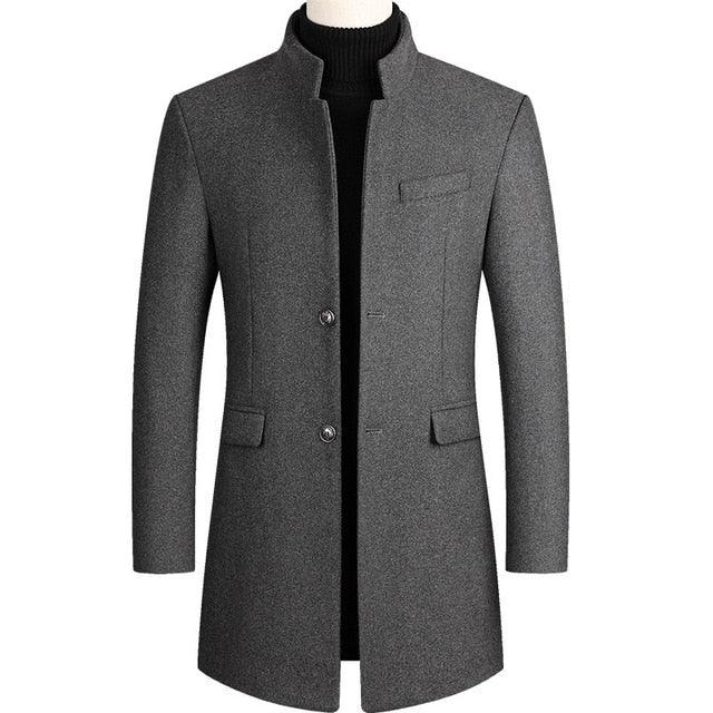 Winter 30% Wool Men Thick Coats - Slim Fit Stand Collar Buttons