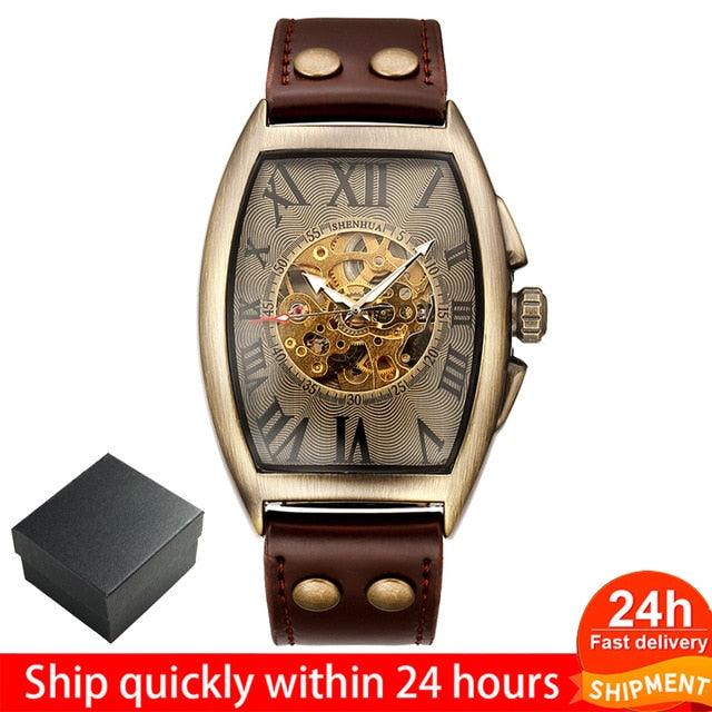 Great Transparent Skeleton Automatic Mechanical Watch - Men Genuine Leather Belt (1U84)