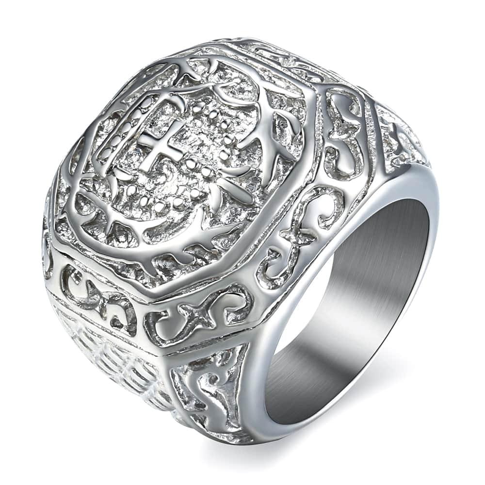 Stainless Steel Hip Hop Men's Ring - Rock Silver Color Tone Carved Cross Crown (2U83)