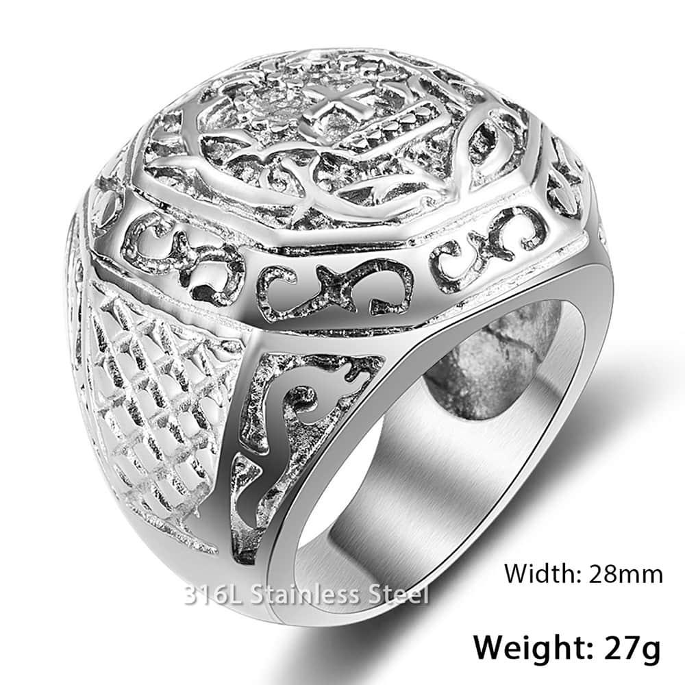 Stainless Steel Hip Hop Men's Ring - Rock Silver Color Tone Carved Cross Crown (2U83)