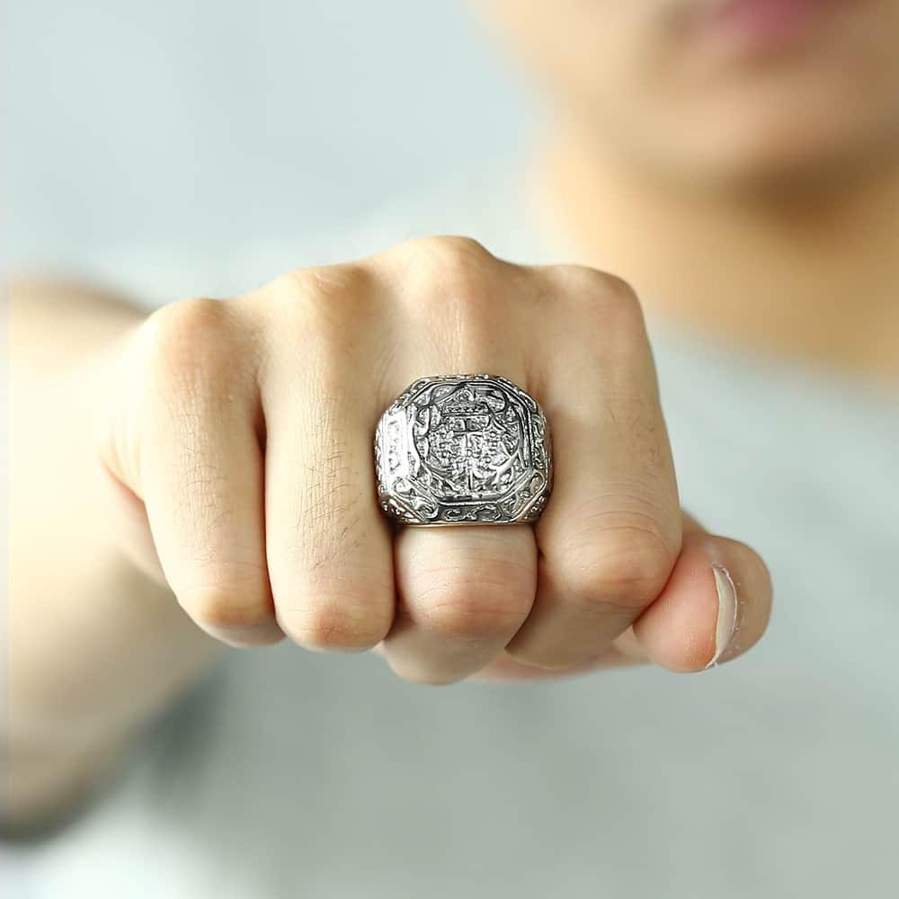 Stainless Steel Hip Hop Men's Ring - Rock Silver Color Tone Carved Cross Crown (2U83)