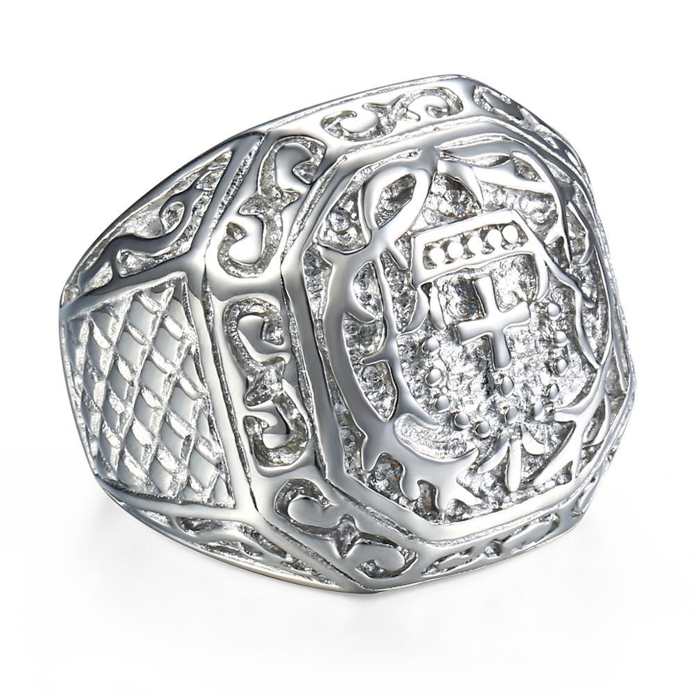 Stainless Steel Hip Hop Men's Ring - Rock Silver Color Tone Carved Cross Crown (2U83)