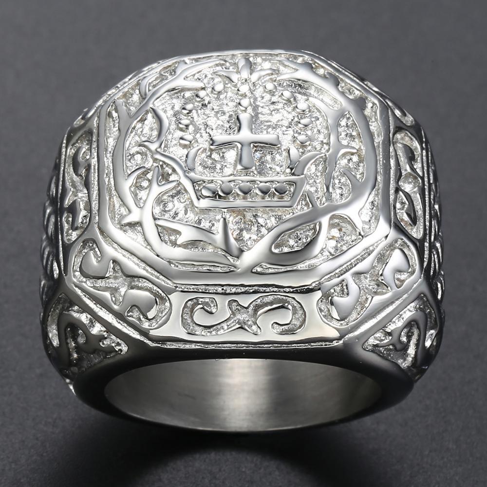 Stainless Steel Hip Hop Men's Ring - Rock Silver Color Tone Carved Cross Crown (2U83)