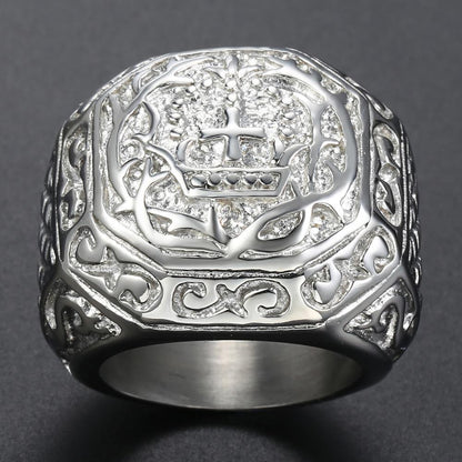 Stainless Steel Hip Hop Men's Ring - Rock Silver Color Tone Carved Cross Crown (2U83)