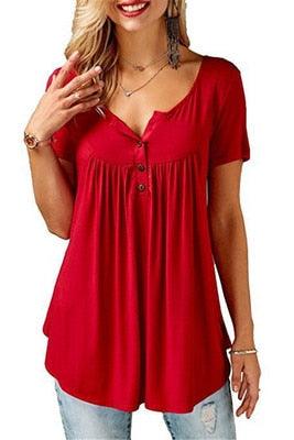 Gorgeous Women Summer V-Neck Short Sleeve Top - Loose Sexy Blouse - Female Plus Size - Long Style Tops (D19)(TB1)(BCD2)