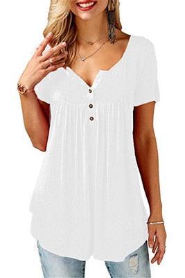 Gorgeous Women Summer V-Neck Short Sleeve Top - Loose Sexy Blouse - Female Plus Size - Long Style Tops (D19)(TB1)(BCD2)