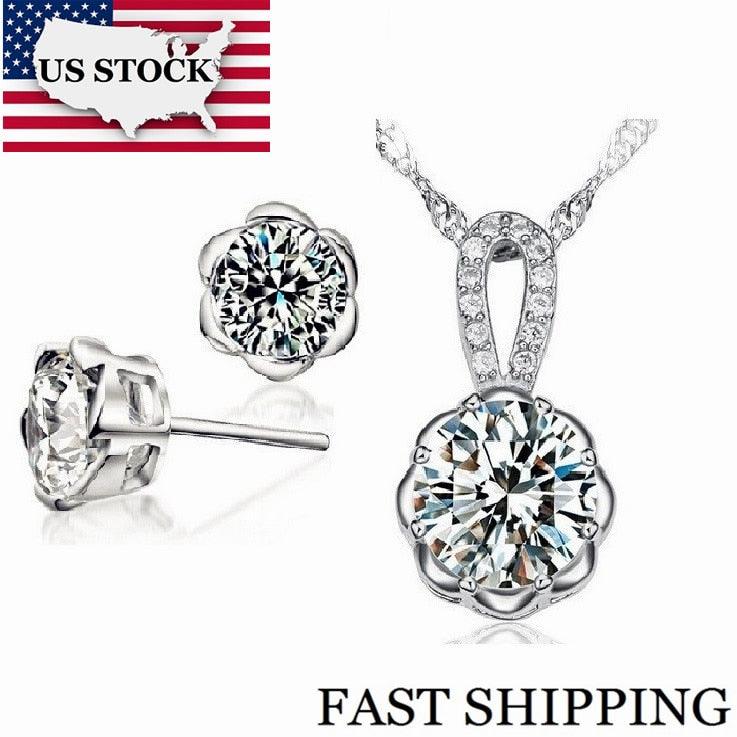 Trending Silver Color Jewelry Sets - Women's Flower Crystal Necklace + Earrings Jewelry Set (1U81)
