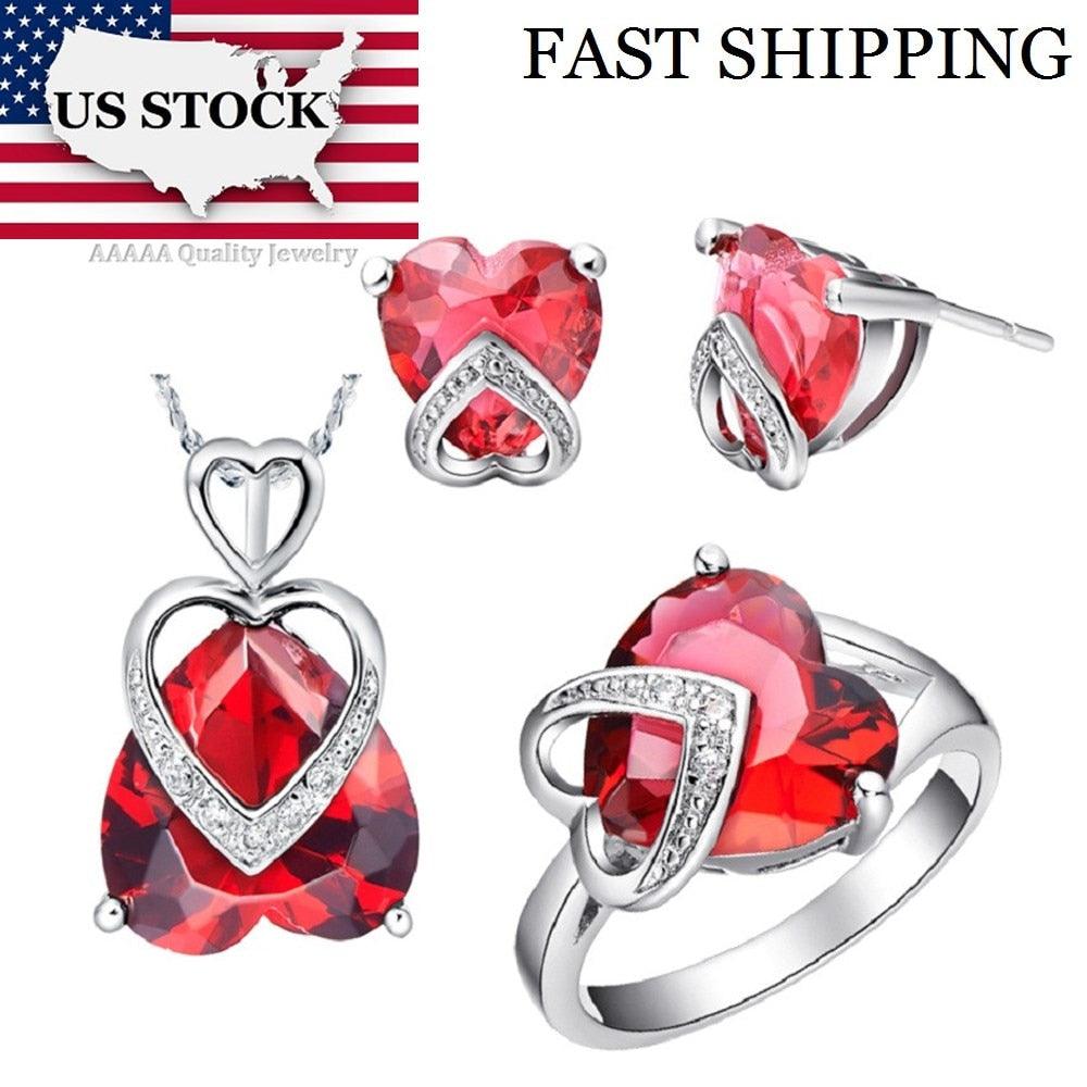 Trending Costume Jewelry Sets - Love Heart Ring, Necklace & Earrings - Silver Color Accessories (1U81)
