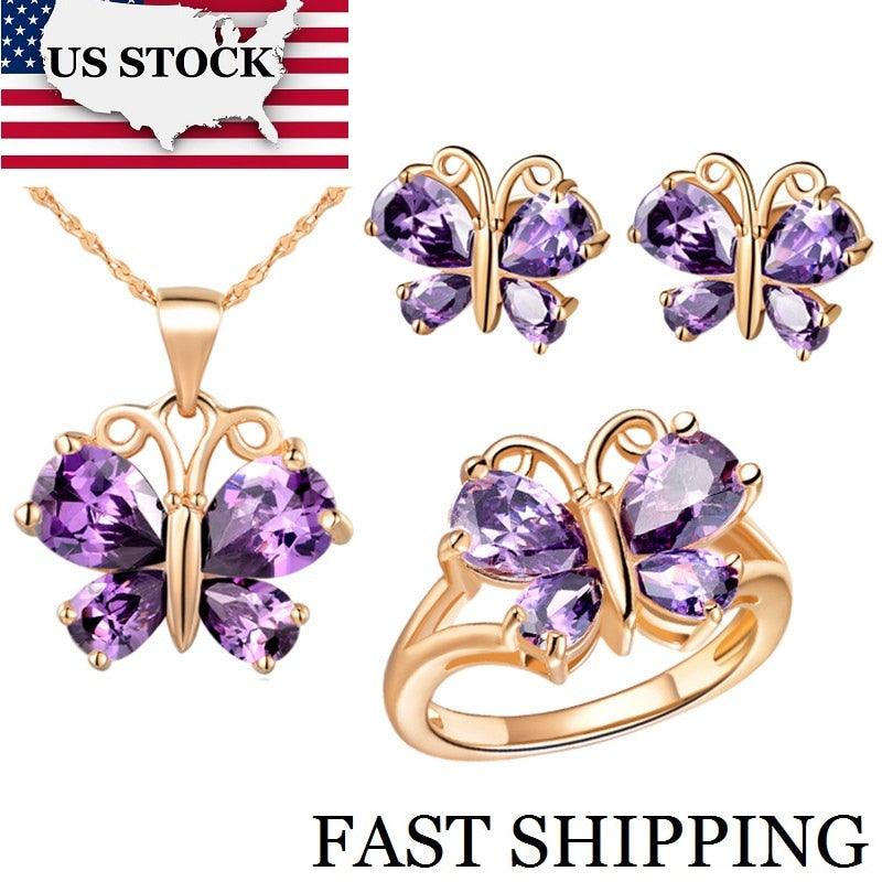 Great Butterfly Crystal Jewelry Set - Women Bridal Wedding Purple Earrings Necklace Ring Set (1U81)