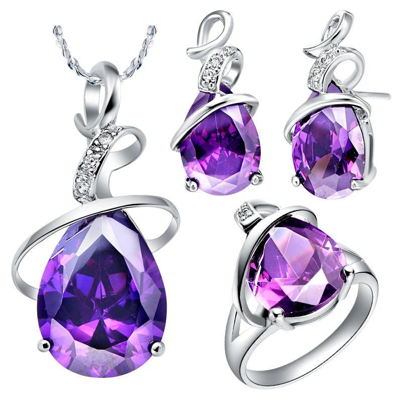 Great Silver Color Red Purple Rhinestone Wedding Necklace - Crystal Earrings Ring Women's Fashion Jewelry Set (1U81)
