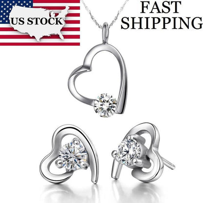 Women's Heart Necklace Earring Jewelry Set - Crystal Earrings Wedding Accessories (1U81)