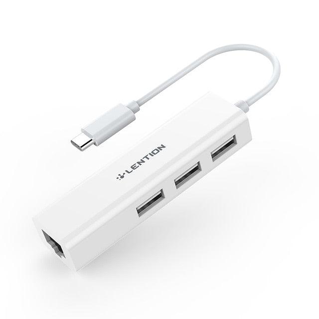 USB-C to 3 USB Ports Hub + RJ45 Ethernet LAN Adapter for MacBook Pro 13/15/16 (Thunderbolt 3),Mac Air, MacBook 12, Chromebook (CA2)(1U52)