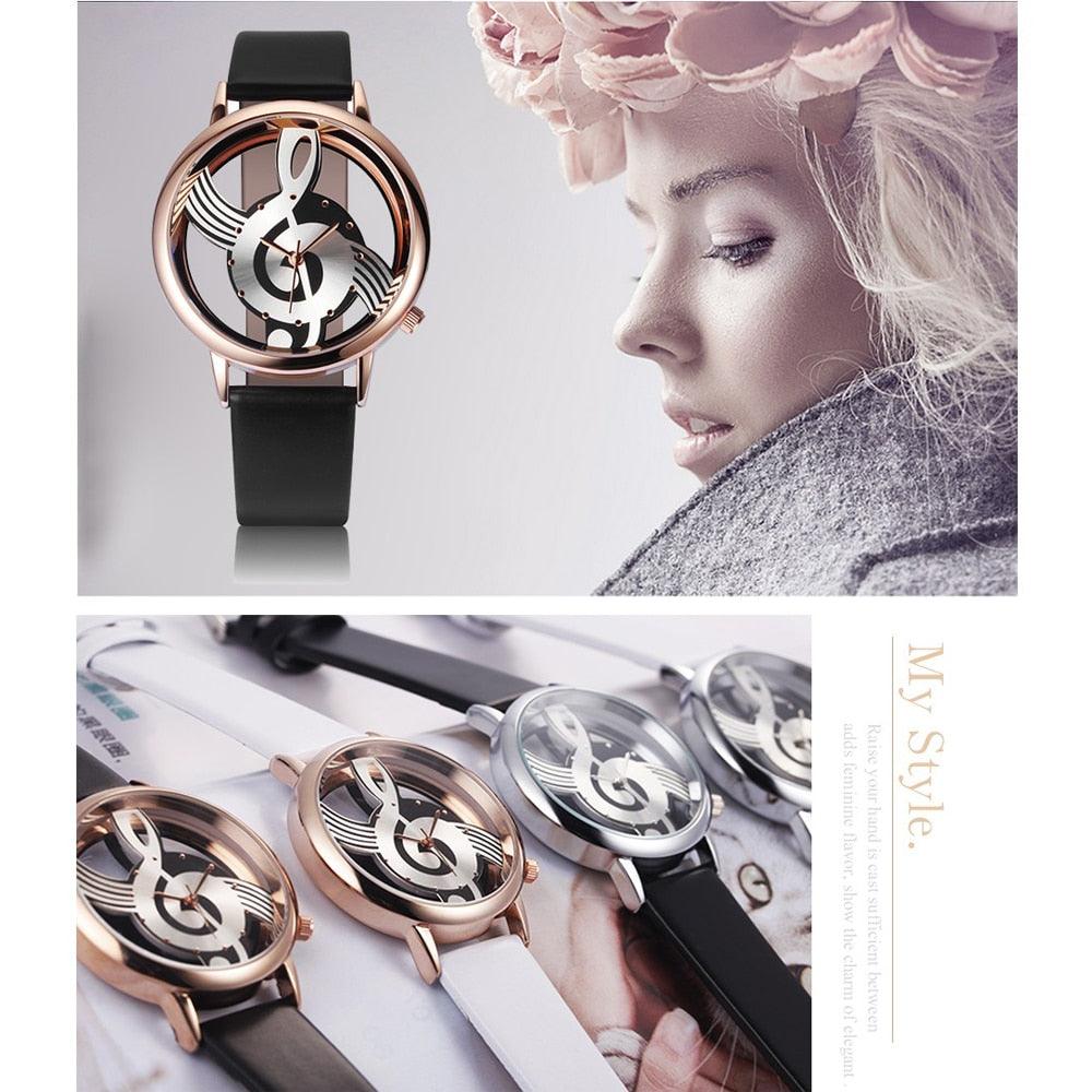 Trending Women's Quartz Analog Hollow Musical Note Style Leather Wrist Watch (1U82)