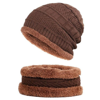 Unisex Knitted Hat Fashion Winter Thick Warm Fleece Lined Neck Warmer Scarf Set (2U103)