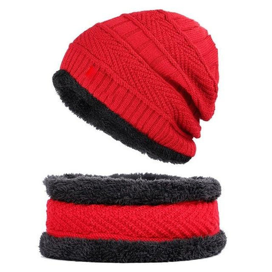 Unisex Knitted Hat Fashion Winter Thick Warm Fleece Lined Neck Warmer Scarf Set (2U103)