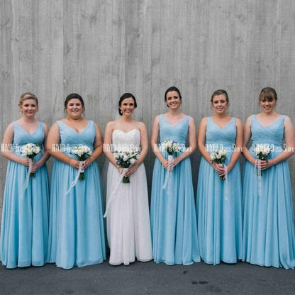 V Neck Light Blue Wedding Party Dress - Pleated Bridesmaid Dresses - Lace Up Back Long Dresses (WSO2)
