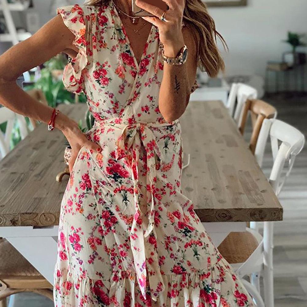Nice V-neck Casual Women's Wrap Dress - Summer Floral Maxi Dresses - Women Sleeveless Ruffle Dress (1U30)