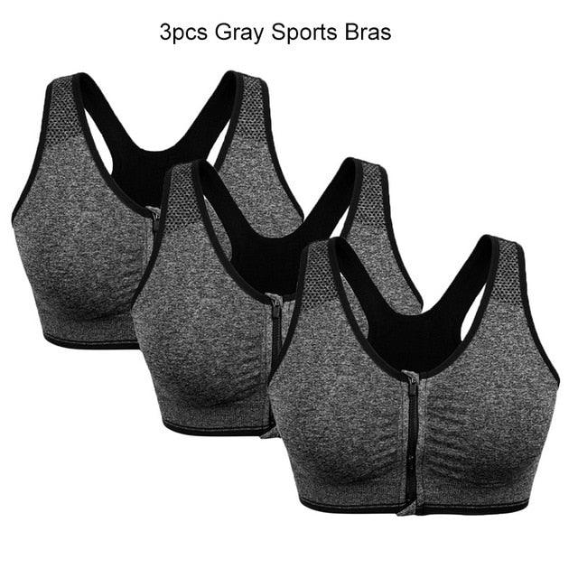 Great Deal 3Pcs Women Zipper Push Up Sports Bras - Plus Size -Padded Wire Free - Breathable Sports Tops -Fitness Gym (D6)(4Z2)